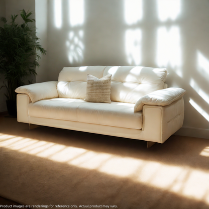 Compact off-white leather couch with metal legs – NZ living room style
