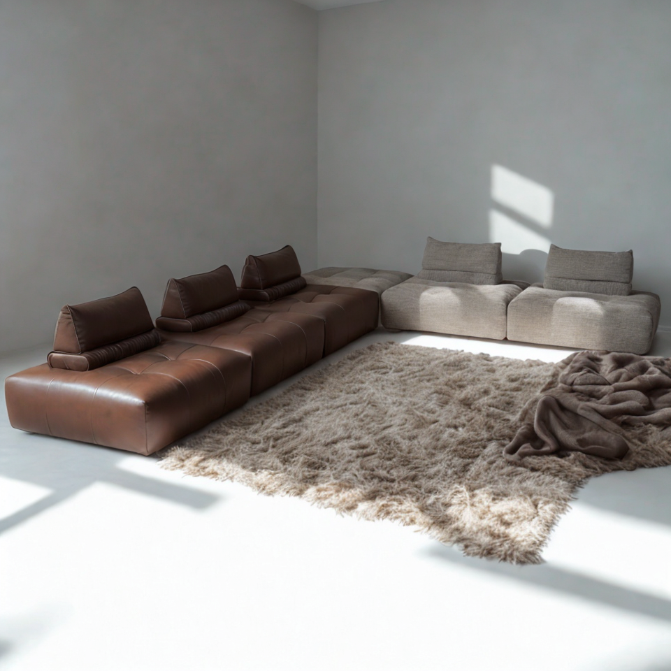 Neso modular leather and fabric sofa setup coffee‑brown light‑gray by INK
