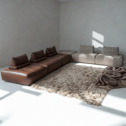 Neso modular leather and fabric sofa setup coffee‑brown light‑gray by INK
