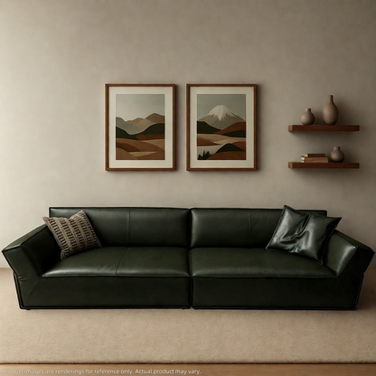 Retro-inspired minimalism leather sofa in olive green NZ home
