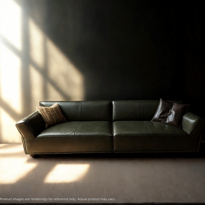 Clean lines and volumetric tailoring Nomos leather sofa close-up