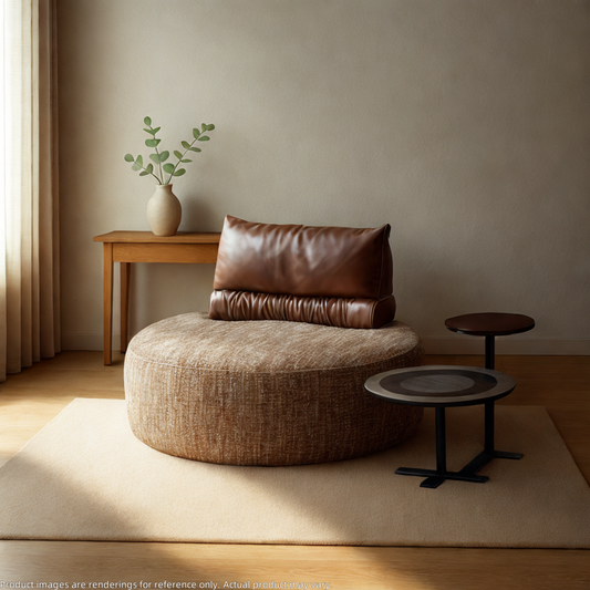 Round accent couch with textured woven base and smooth leather cushion