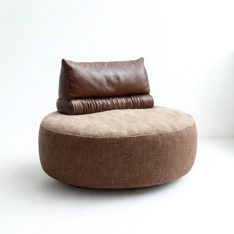 Neso Circle couch with fabric seat and leather backrest – coffee and off-white