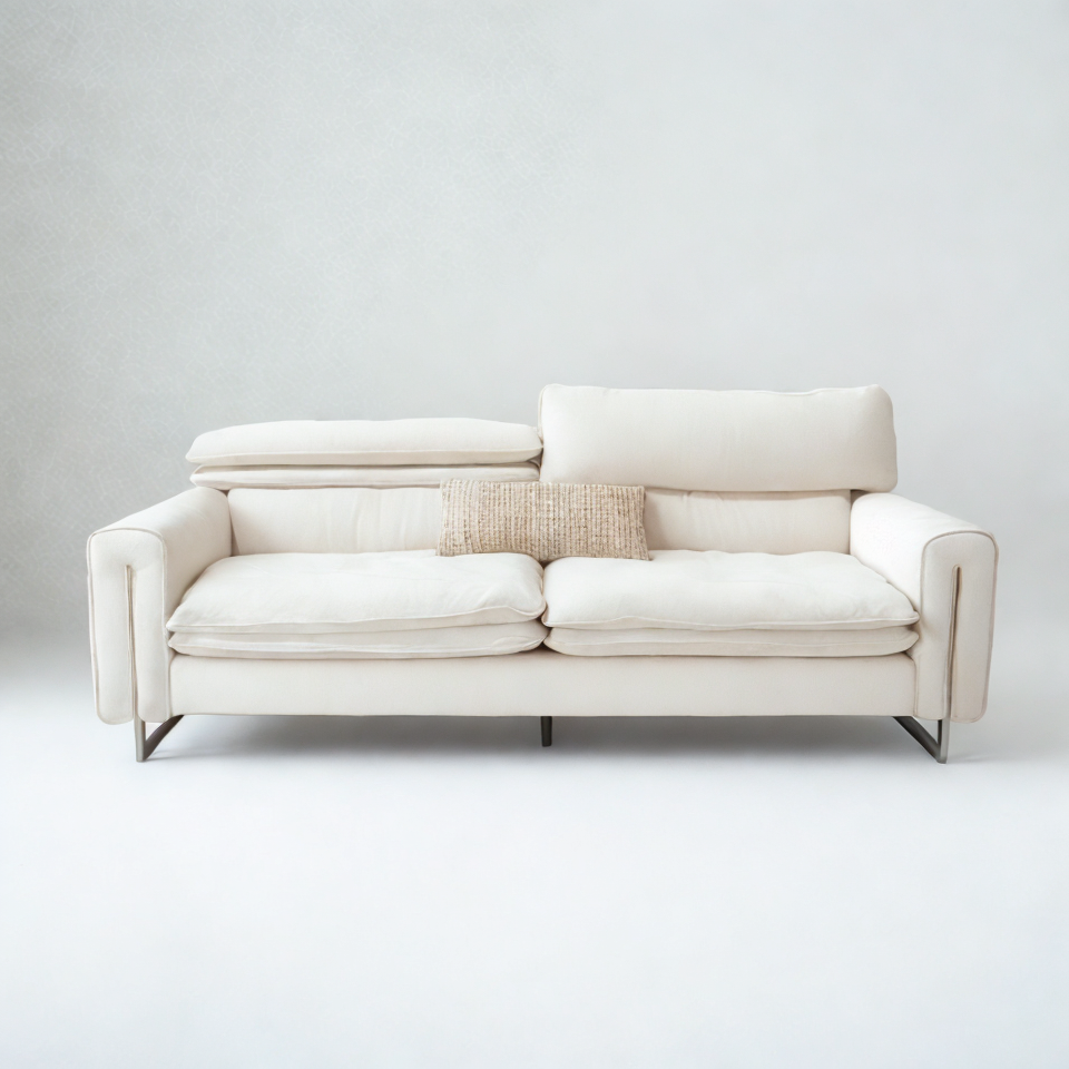 Eury 3-seater fabric sofa in off white – NZ couch with feather cushions